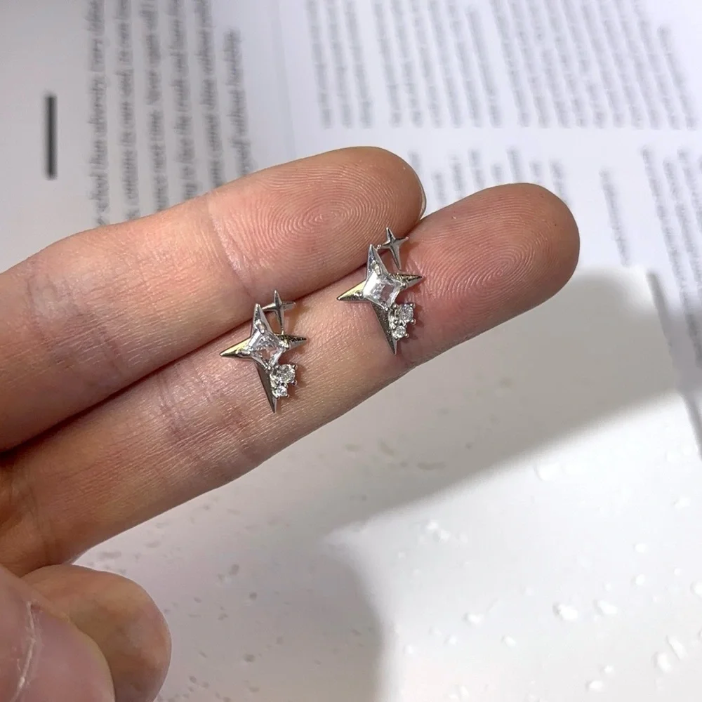 925 Silver Plated CZ Cubic Zirconia Star Stud Earrings for Men Women_4
